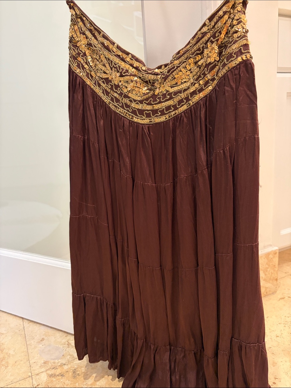 Cache Brown Maxi Skirt with Gold Embellished Waistband